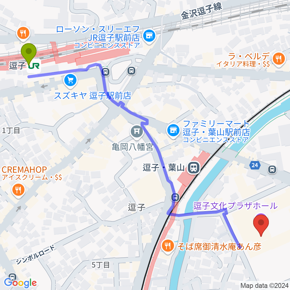 逗子駅から逗子文化プラザホールへのルートマップ地図