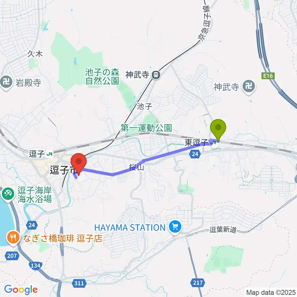 東逗子駅から逗子文化プラザホールへのルートマップ地図