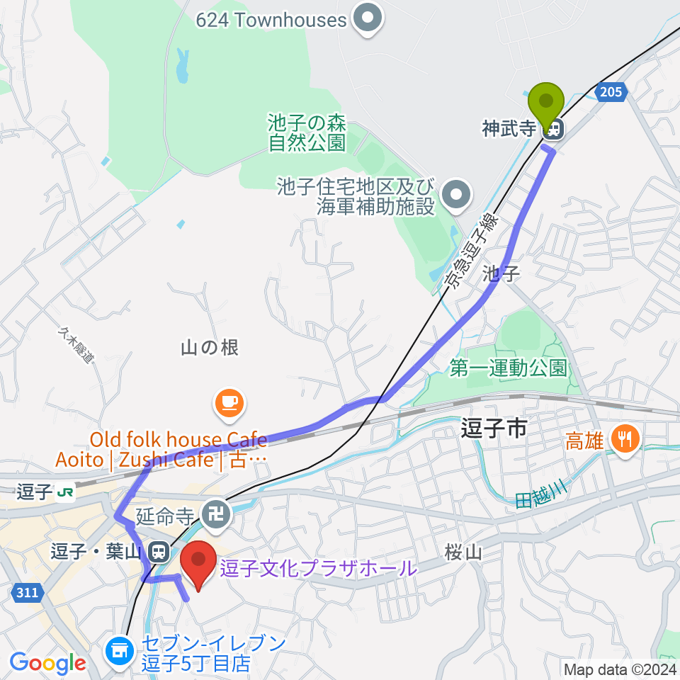 神武寺駅から逗子文化プラザホールへのルートマップ地図