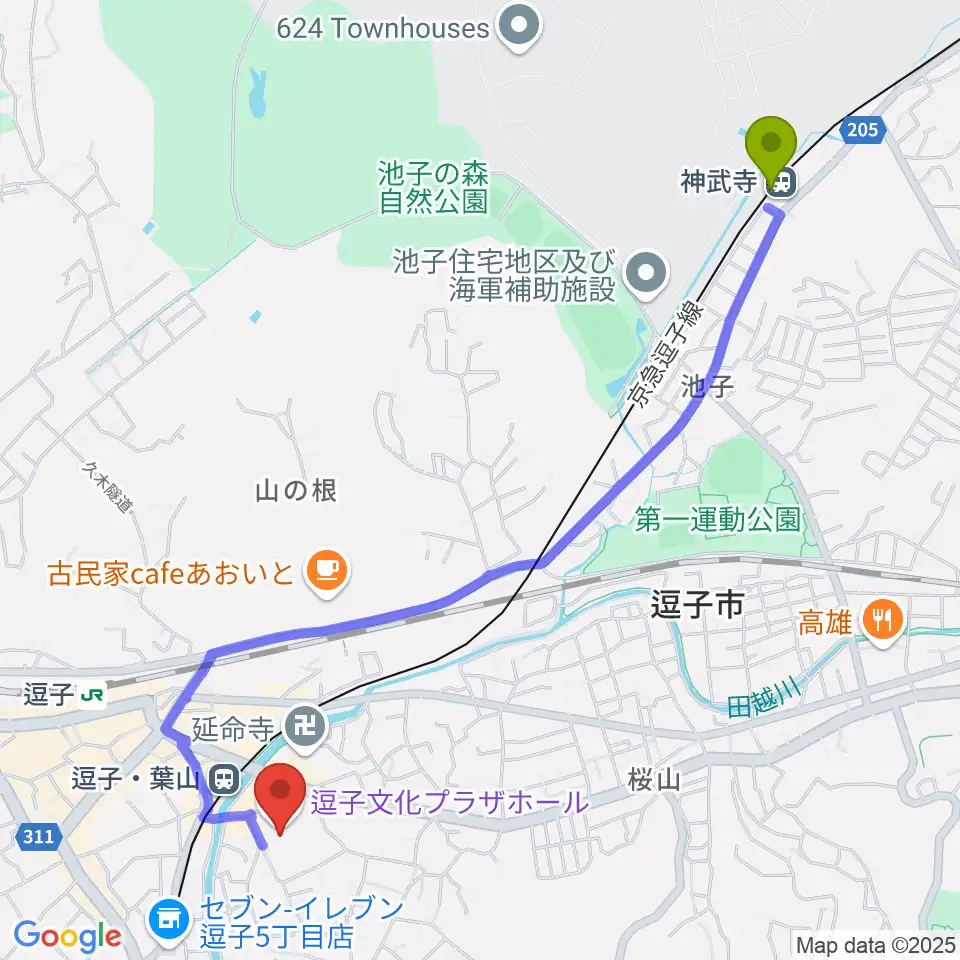 神武寺駅から逗子文化プラザホールへのルートマップ地図