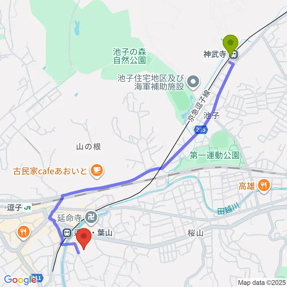 神武寺駅から逗子文化プラザホールへのルートマップ地図