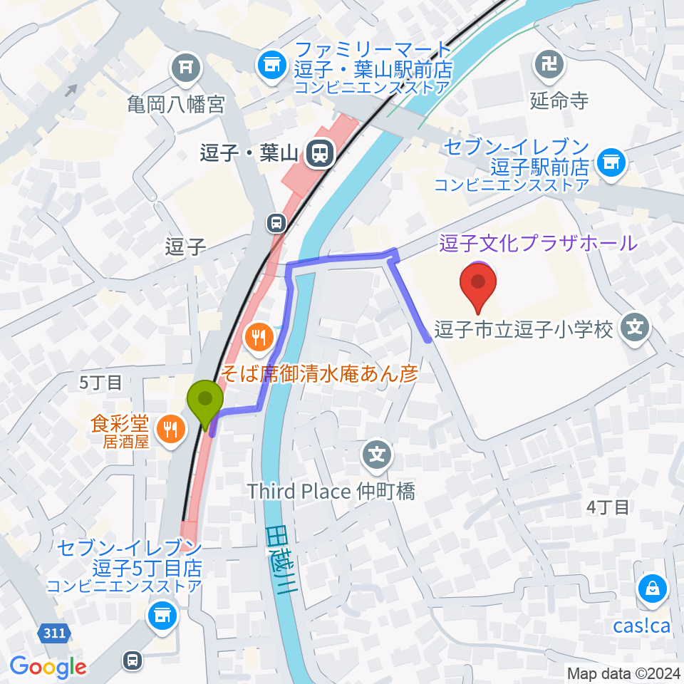 逗子文化プラザホールの最寄駅逗子・葉山駅からの徒歩ルート（約3分）地図