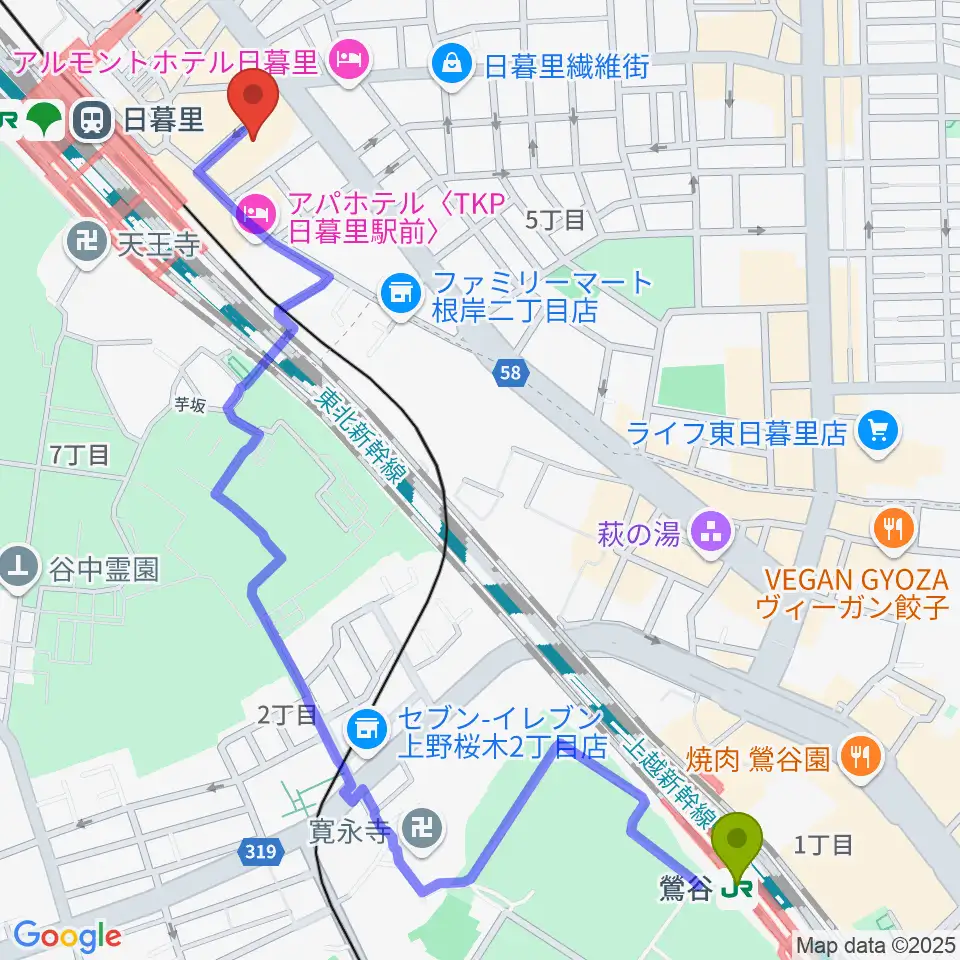 鶯谷駅から日暮里サニーホールへのルートマップ地図