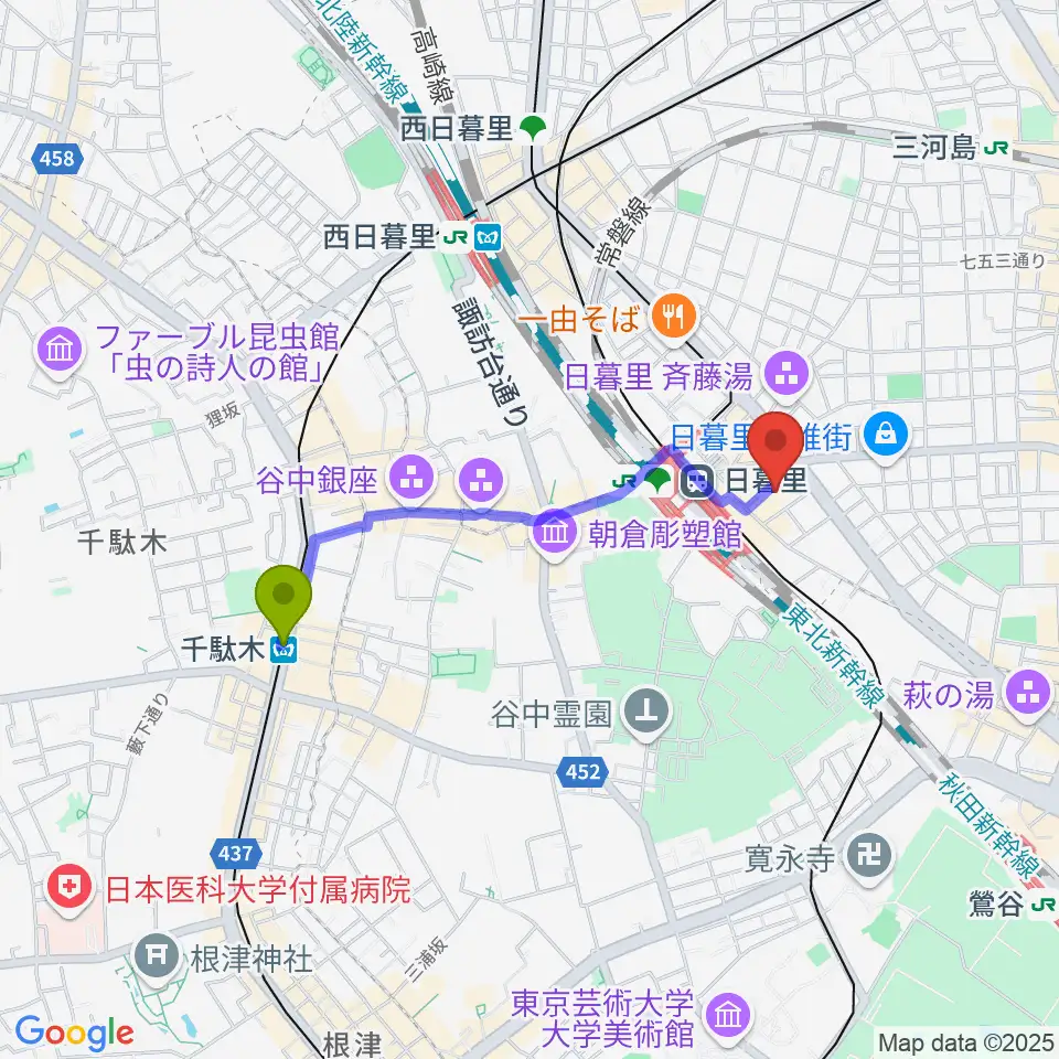 千駄木駅から日暮里サニーホールへのルートマップ地図