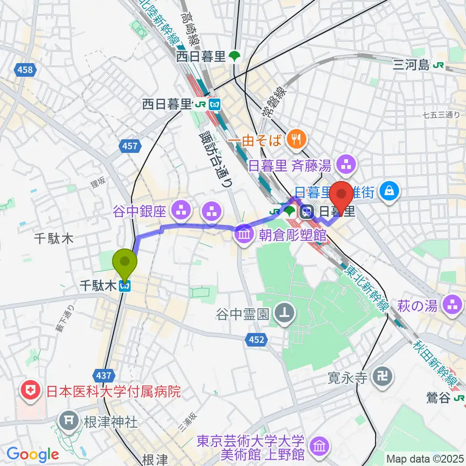 千駄木駅から日暮里サニーホールへのルートマップ地図