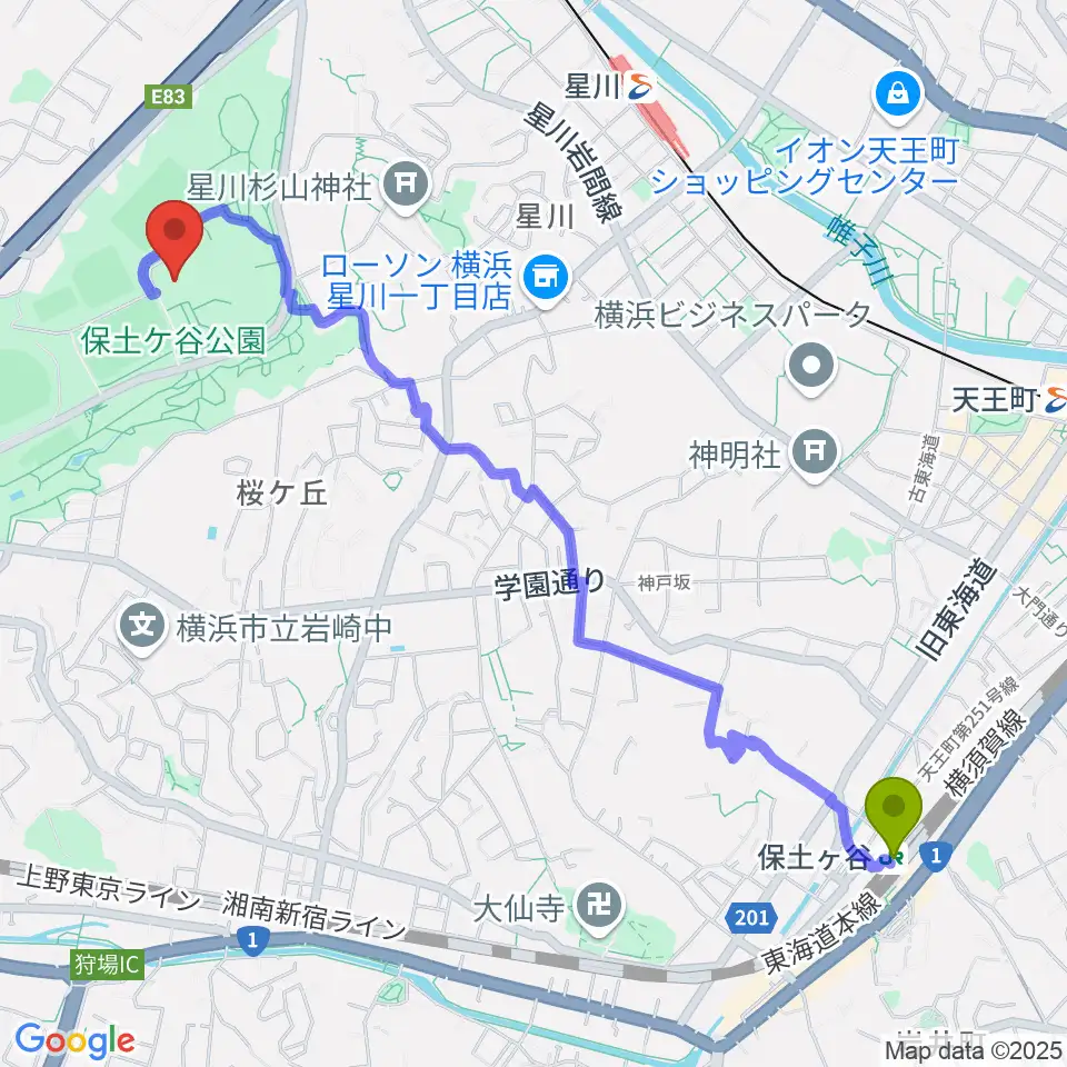 保土ケ谷駅からかながわアートホールへのルートマップ地図