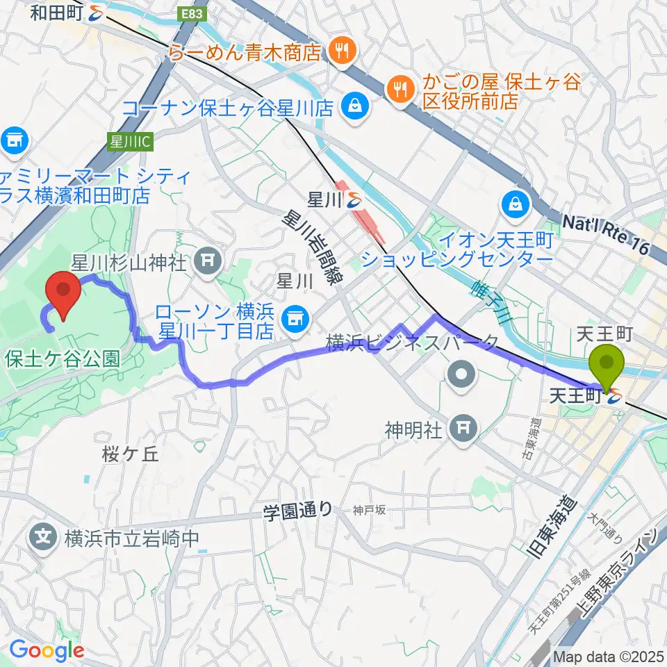 天王町駅からかながわアートホールへのルートマップ地図