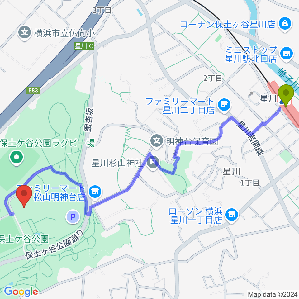 星川駅からかながわアートホールへのルートマップ地図