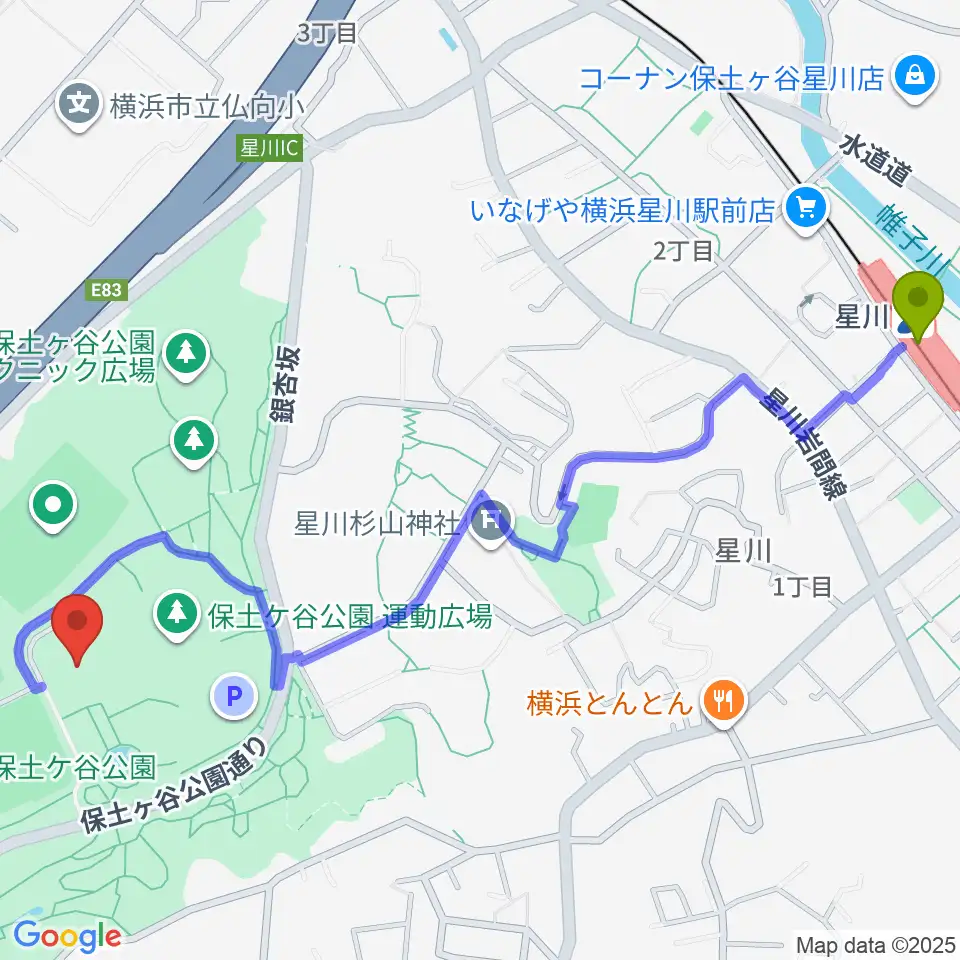 星川駅からかながわアートホールへのルートマップ地図