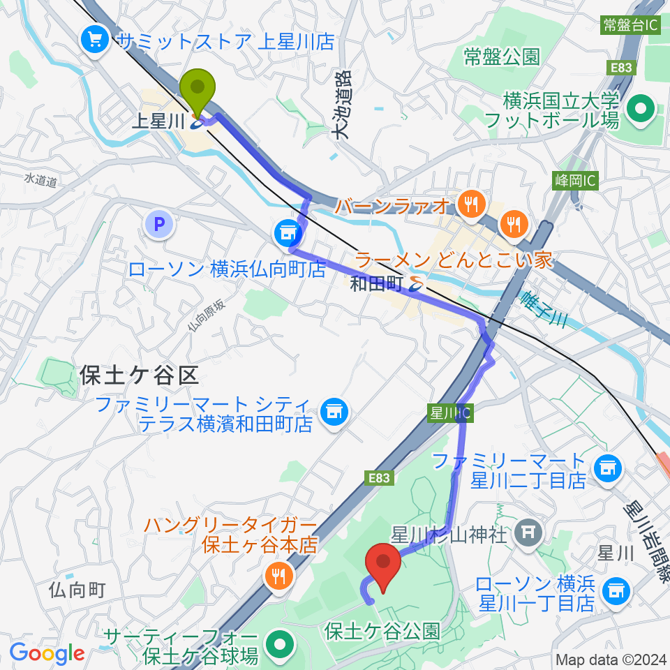 上星川駅からかながわアートホールへのルートマップ地図