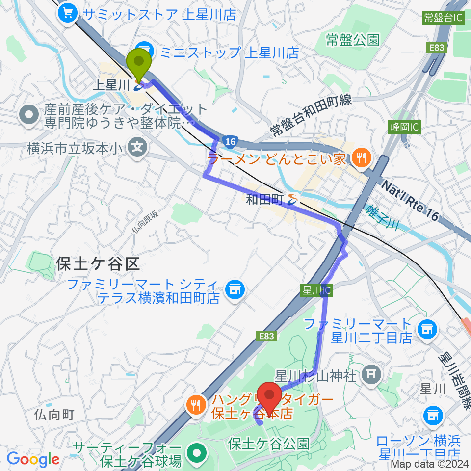 上星川駅からかながわアートホールへのルートマップ地図