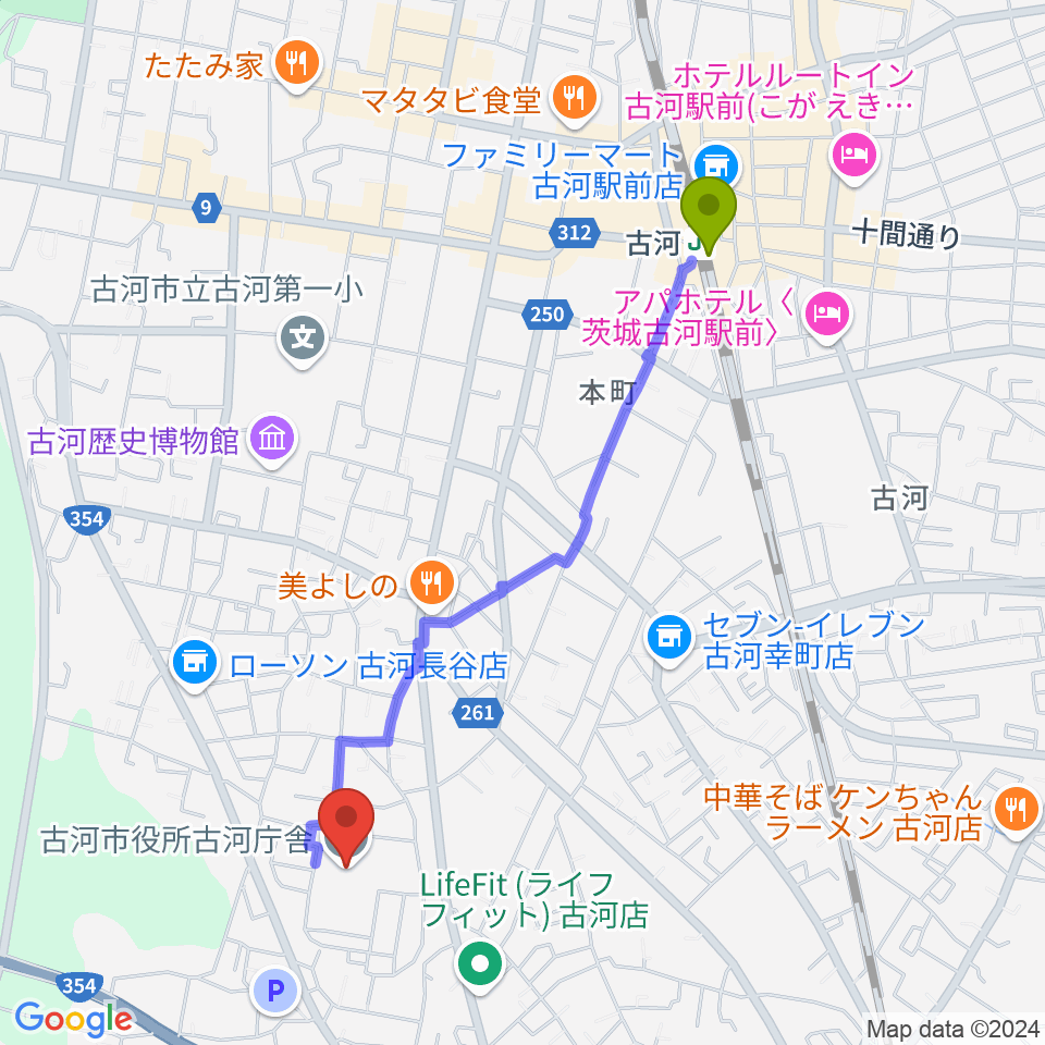 スペースＵ古河の最寄駅古河駅からの徒歩ルート（約21分）地図