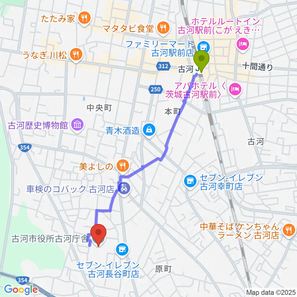 スペースＵ古河の最寄駅古河駅からの徒歩ルート（約21分）地図