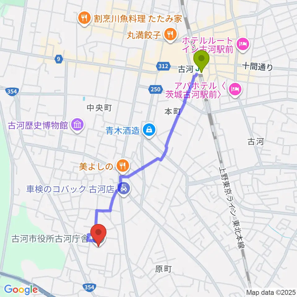 スペースＵ古河の最寄駅古河駅からの徒歩ルート（約21分）地図