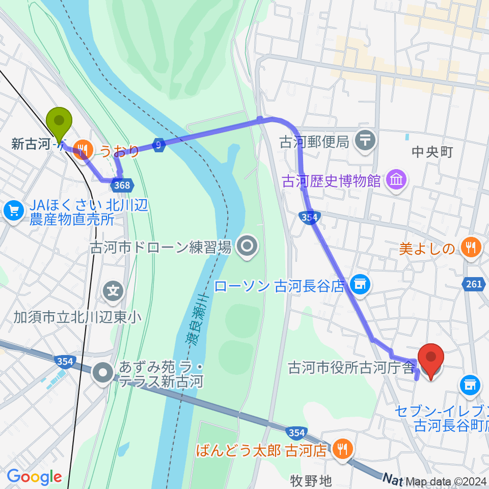 新古河駅からスペースＵ古河へのルートマップ地図