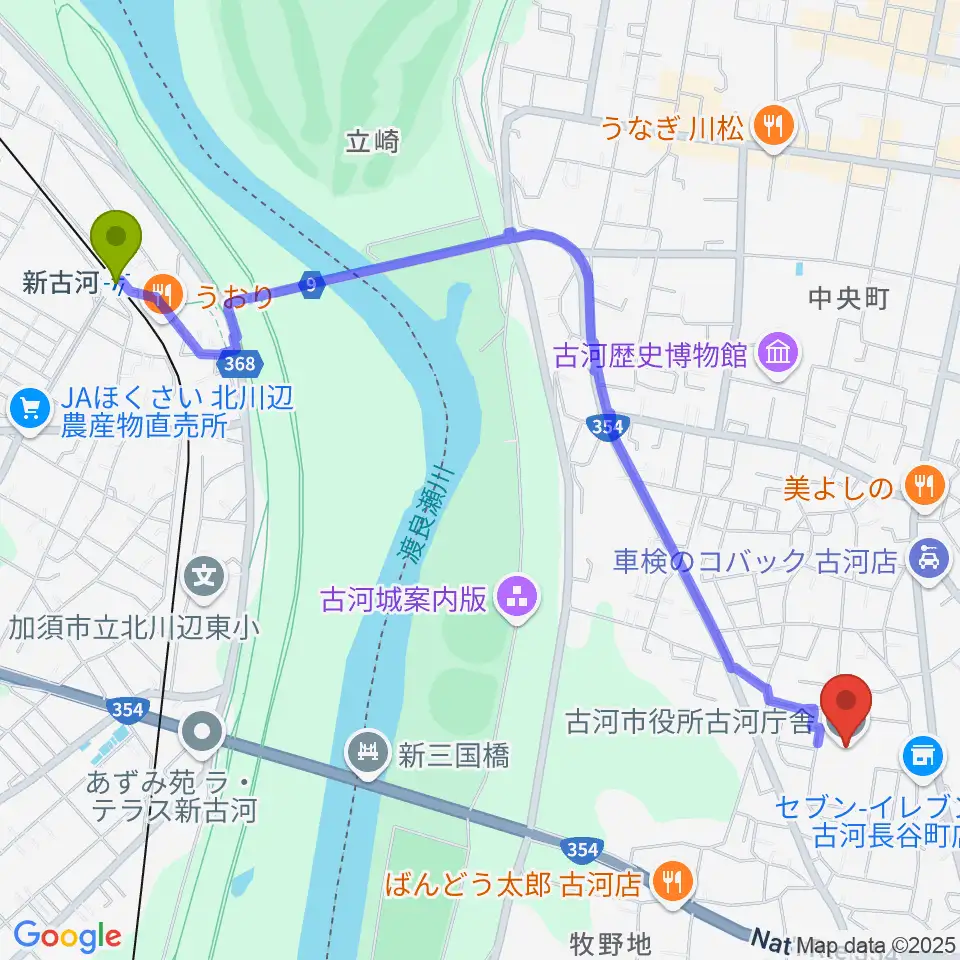 新古河駅からスペースＵ古河へのルートマップ地図