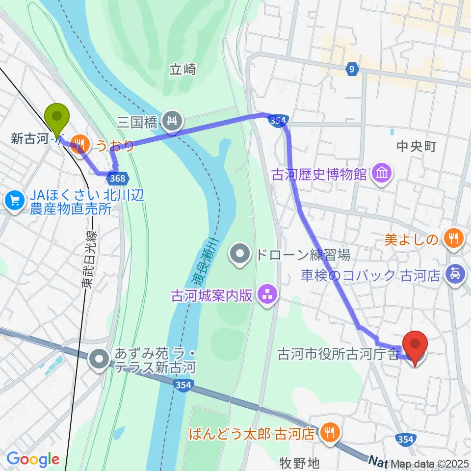新古河駅からスペースＵ古河へのルートマップ地図