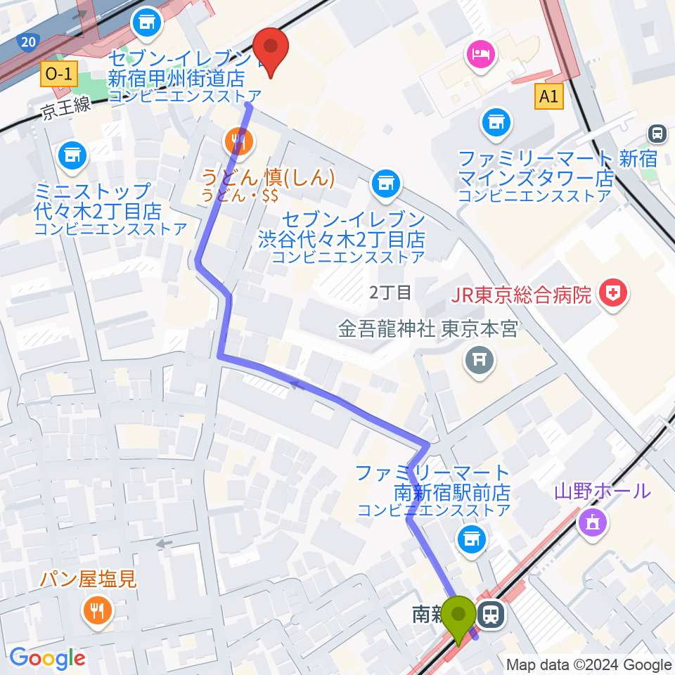 こくみん共済coopホール スペース･ゼロの最寄駅南新宿駅からの徒歩ルート（約7分）地図