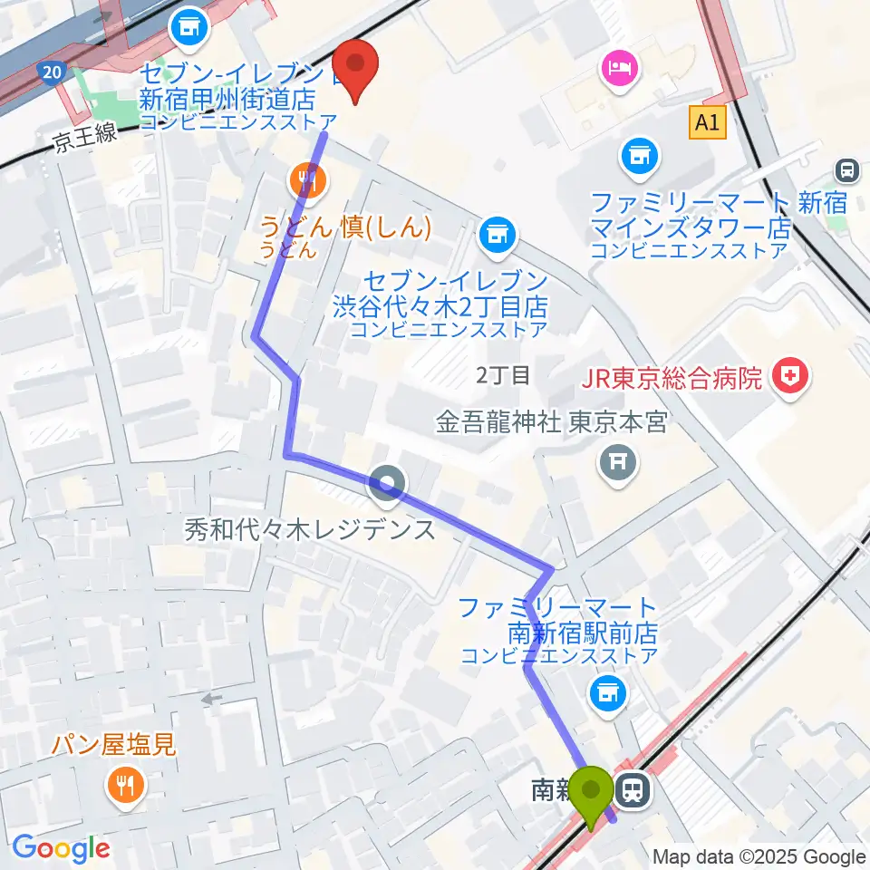 こくみん共済coopホール スペース･ゼロの最寄駅南新宿駅からの徒歩ルート（約7分）地図