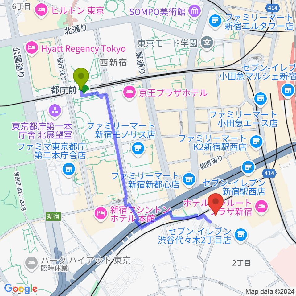 都庁前駅からこくみん共済coopホール スペース･ゼロへのルートマップ地図