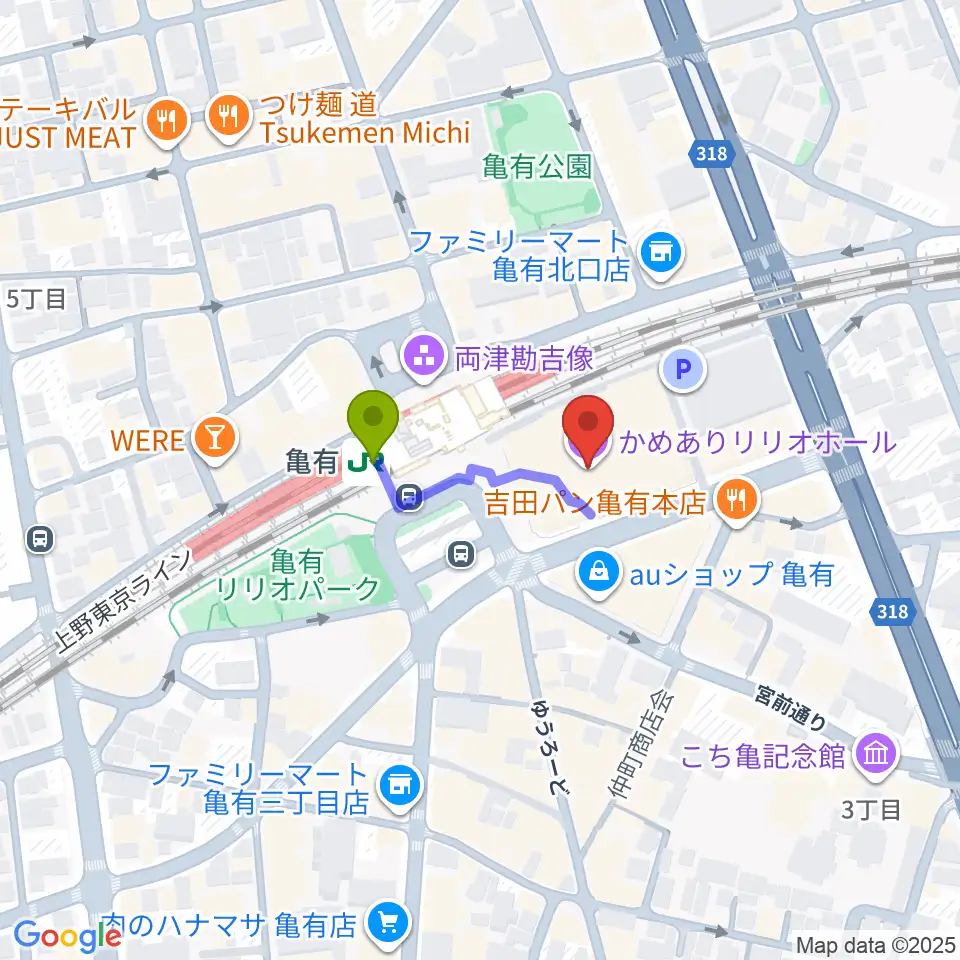 かめありリリオホールの最寄駅亀有駅からの徒歩ルート（約2分）地図