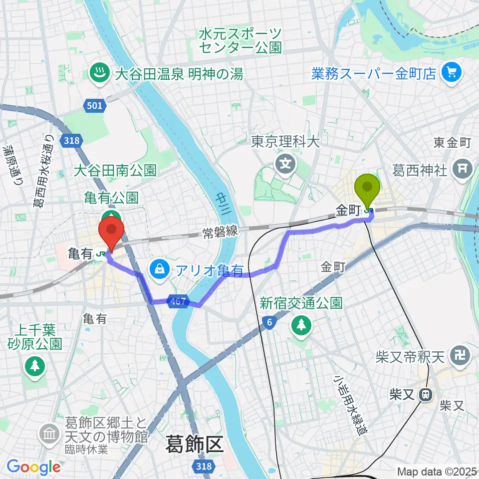 金町駅からかめありリリオホールへのルートマップ地図