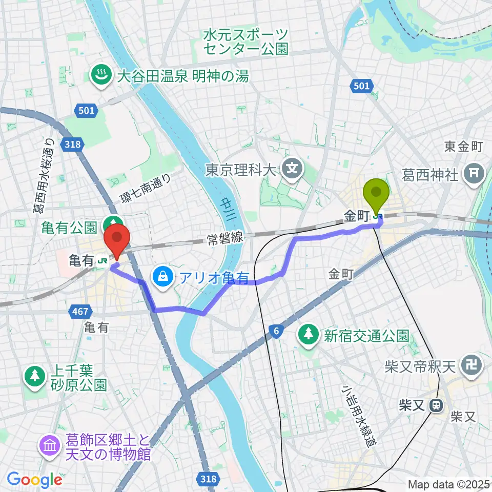 金町駅からかめありリリオホールへのルートマップ地図