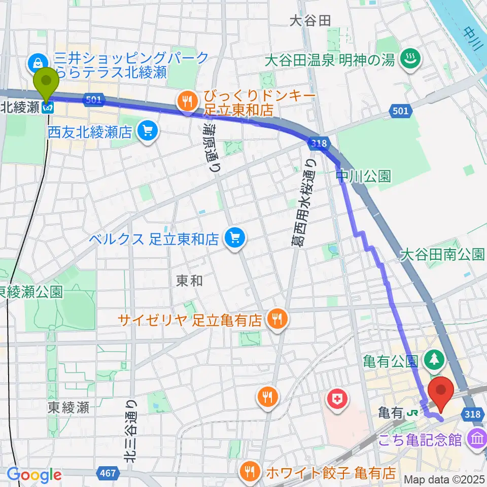 北綾瀬駅からかめありリリオホールへのルートマップ地図