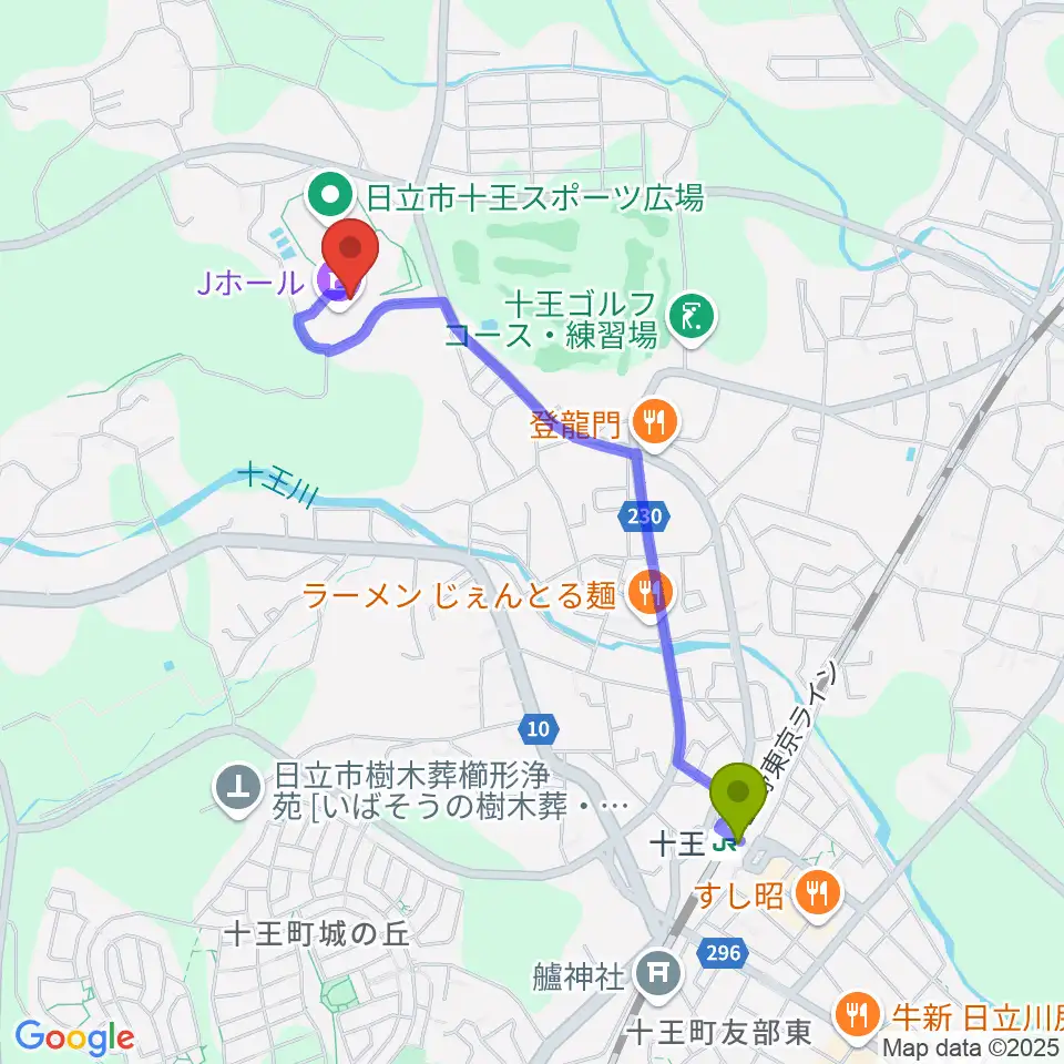 ゆうゆう十王・Jホールの最寄駅十王駅からの徒歩ルート（約19分）地図