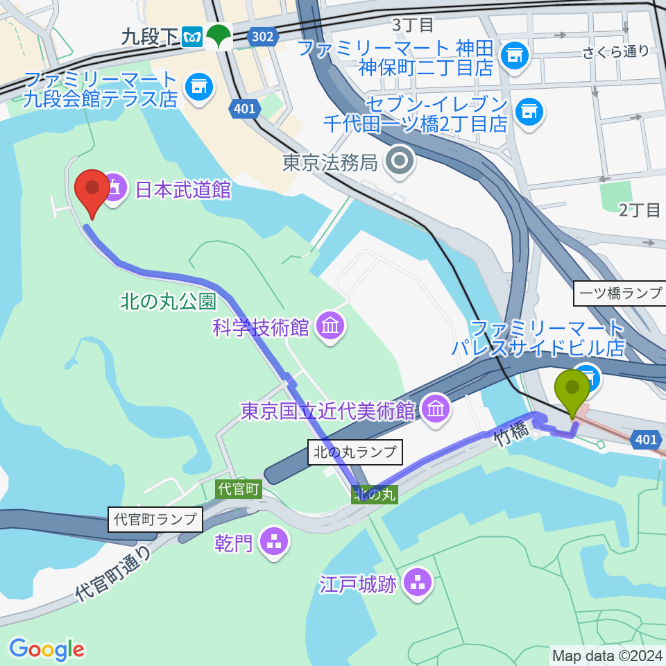 竹橋駅から日本武道館へのルートマップ地図