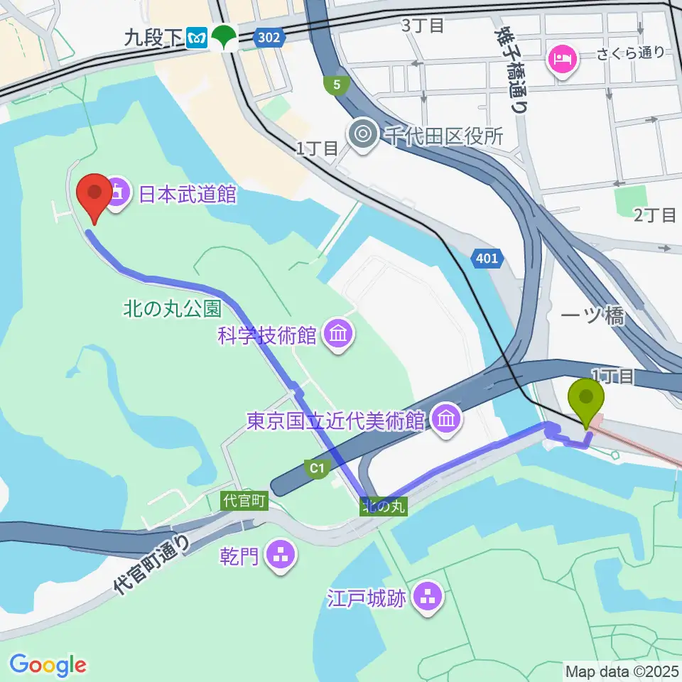 竹橋駅から日本武道館へのルートマップ地図