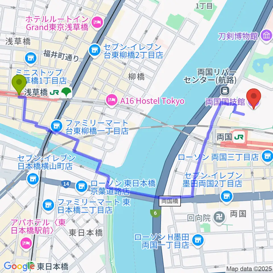 浅草橋駅から両国国技館へのルートマップ地図