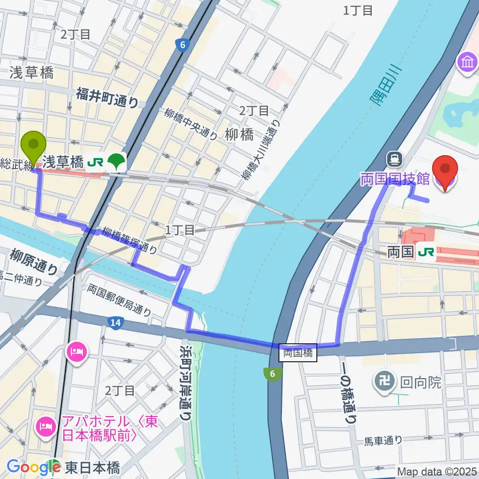 浅草橋駅から両国国技館へのルートマップ地図