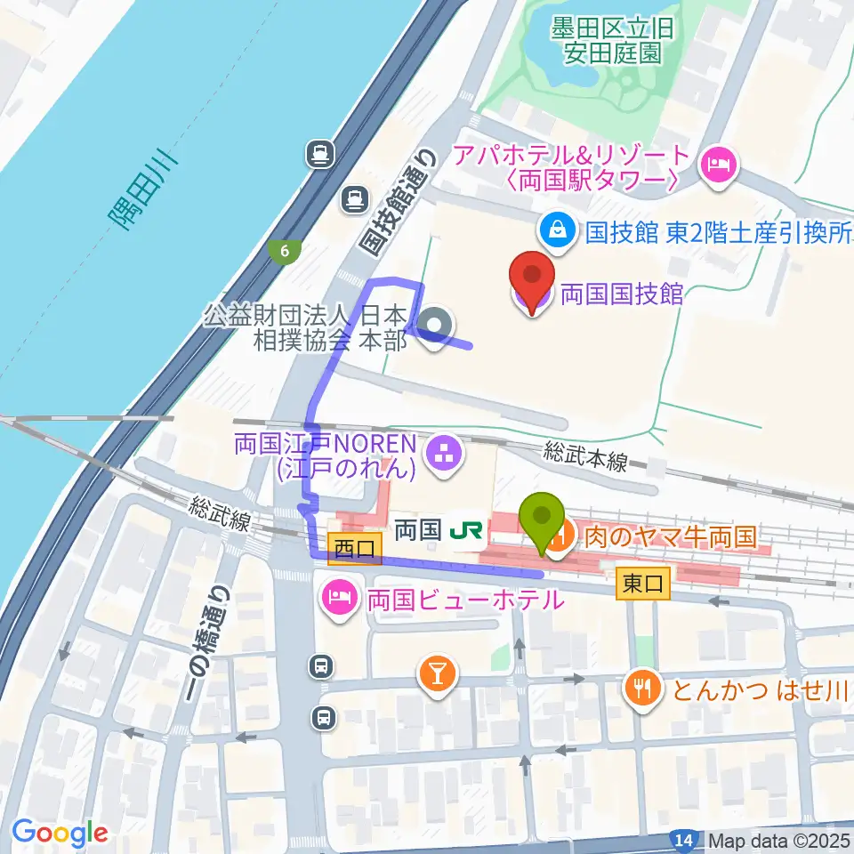 両国国技館の最寄駅両国駅からの徒歩ルート（約2分）地図