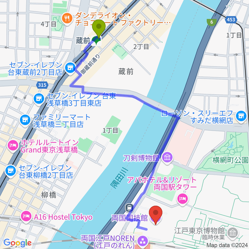 蔵前駅から両国国技館へのルートマップ地図