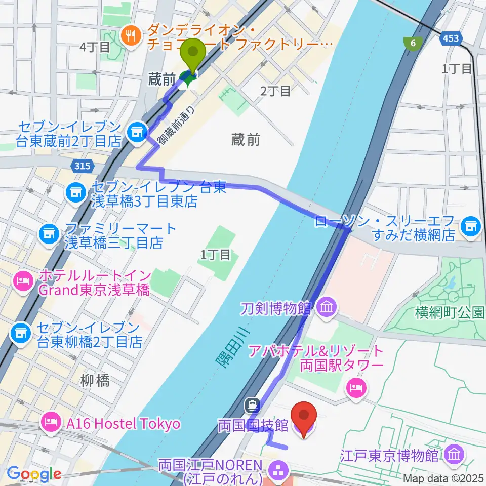 蔵前駅から両国国技館へのルートマップ地図