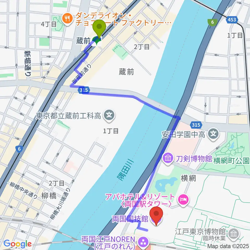 蔵前駅から両国国技館へのルートマップ地図