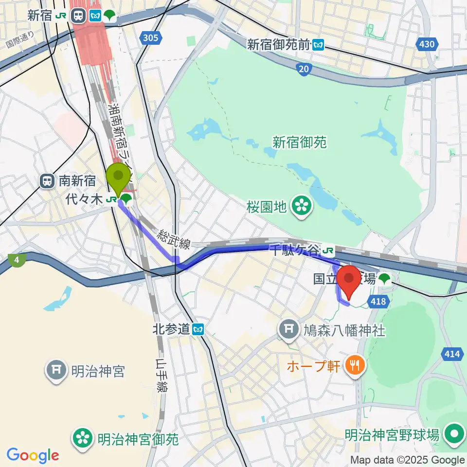 代々木駅から東京体育館へのルートマップ地図