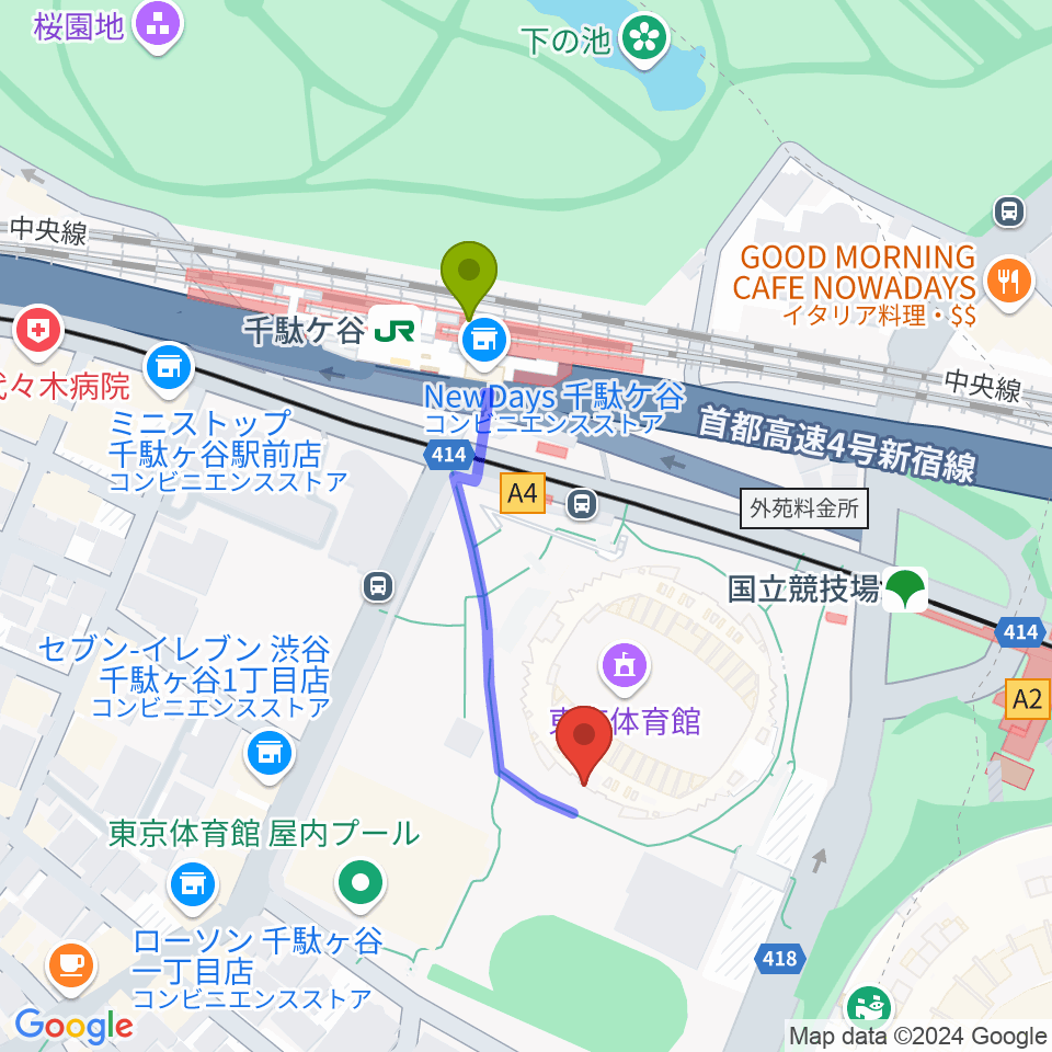 東京体育館の最寄駅千駄ケ谷駅からの徒歩ルート（約4分）地図