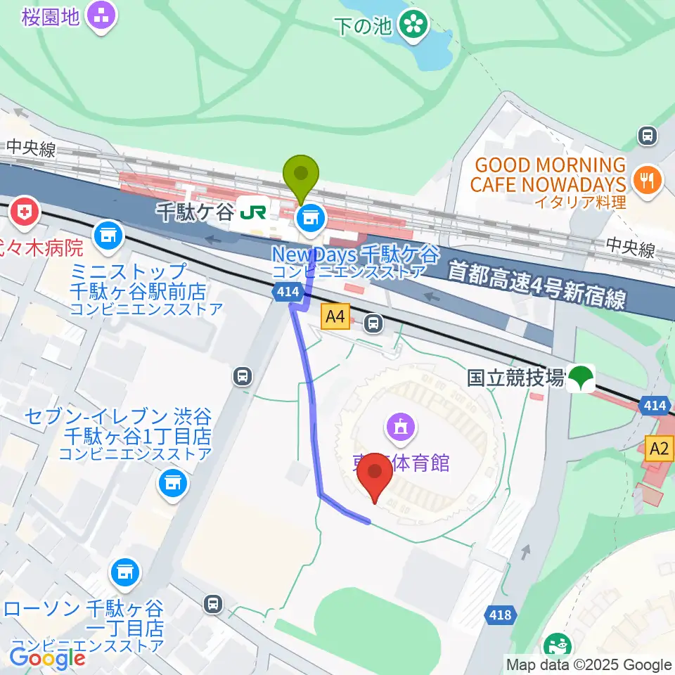 東京体育館の最寄駅千駄ケ谷駅からの徒歩ルート（約4分）地図