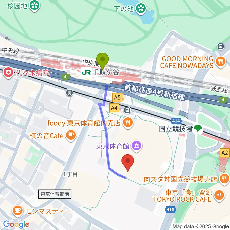 東京体育館の最寄駅千駄ケ谷駅からの徒歩ルート（約4分）地図