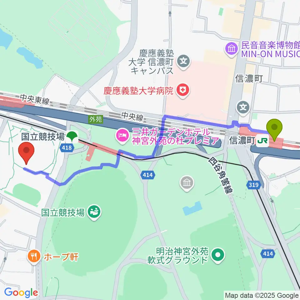 信濃町駅から東京体育館へのルートマップ地図