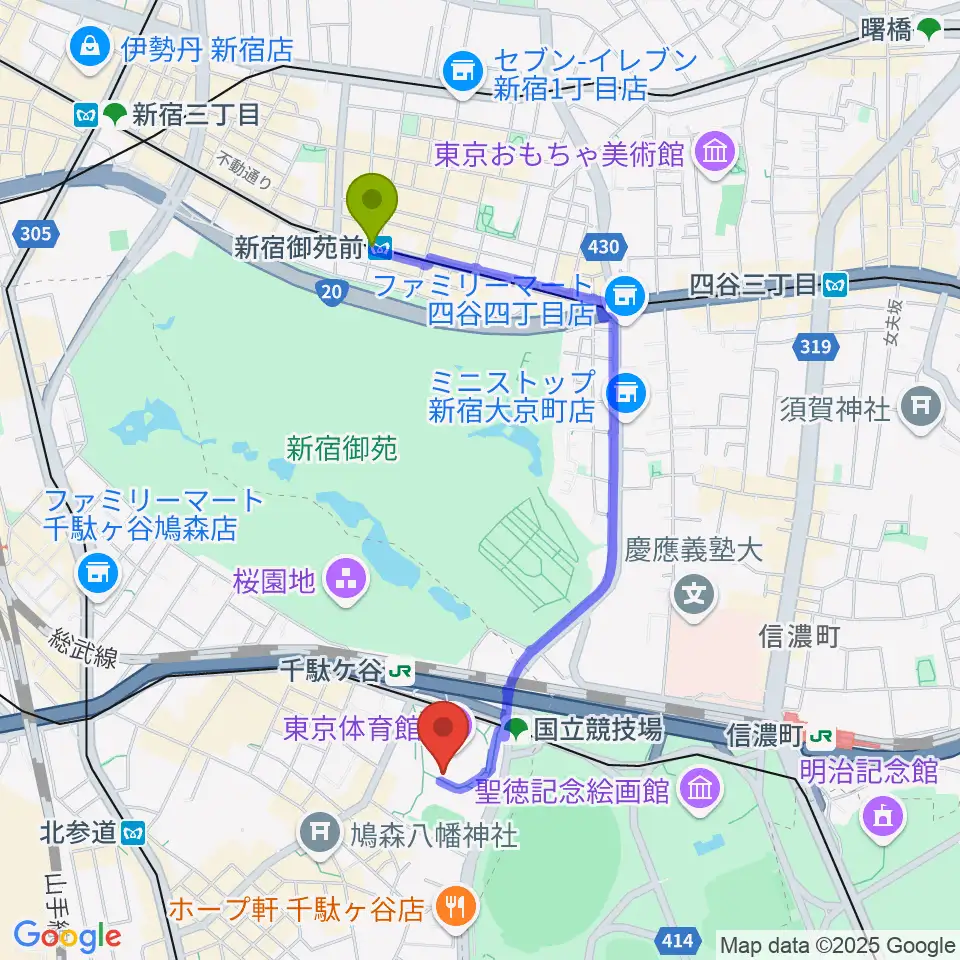 新宿御苑前駅から東京体育館へのルートマップ地図