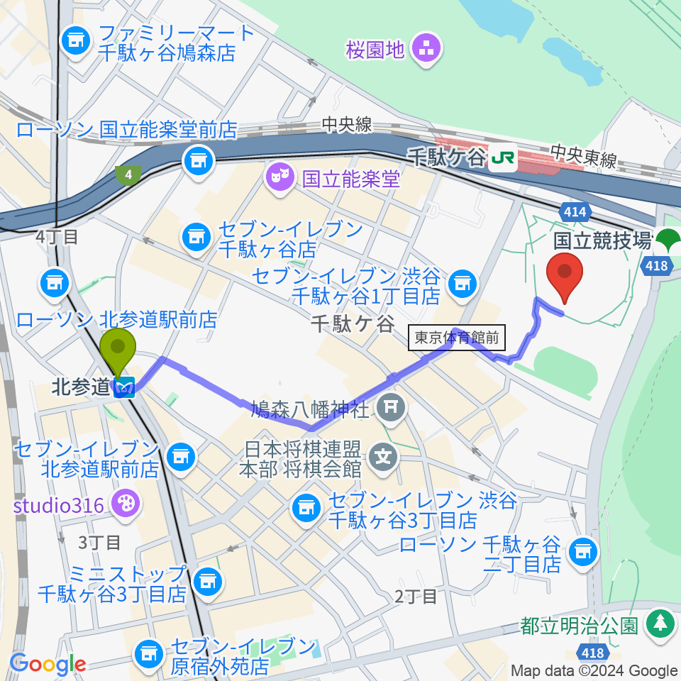 北参道駅から東京体育館へのルートマップ地図