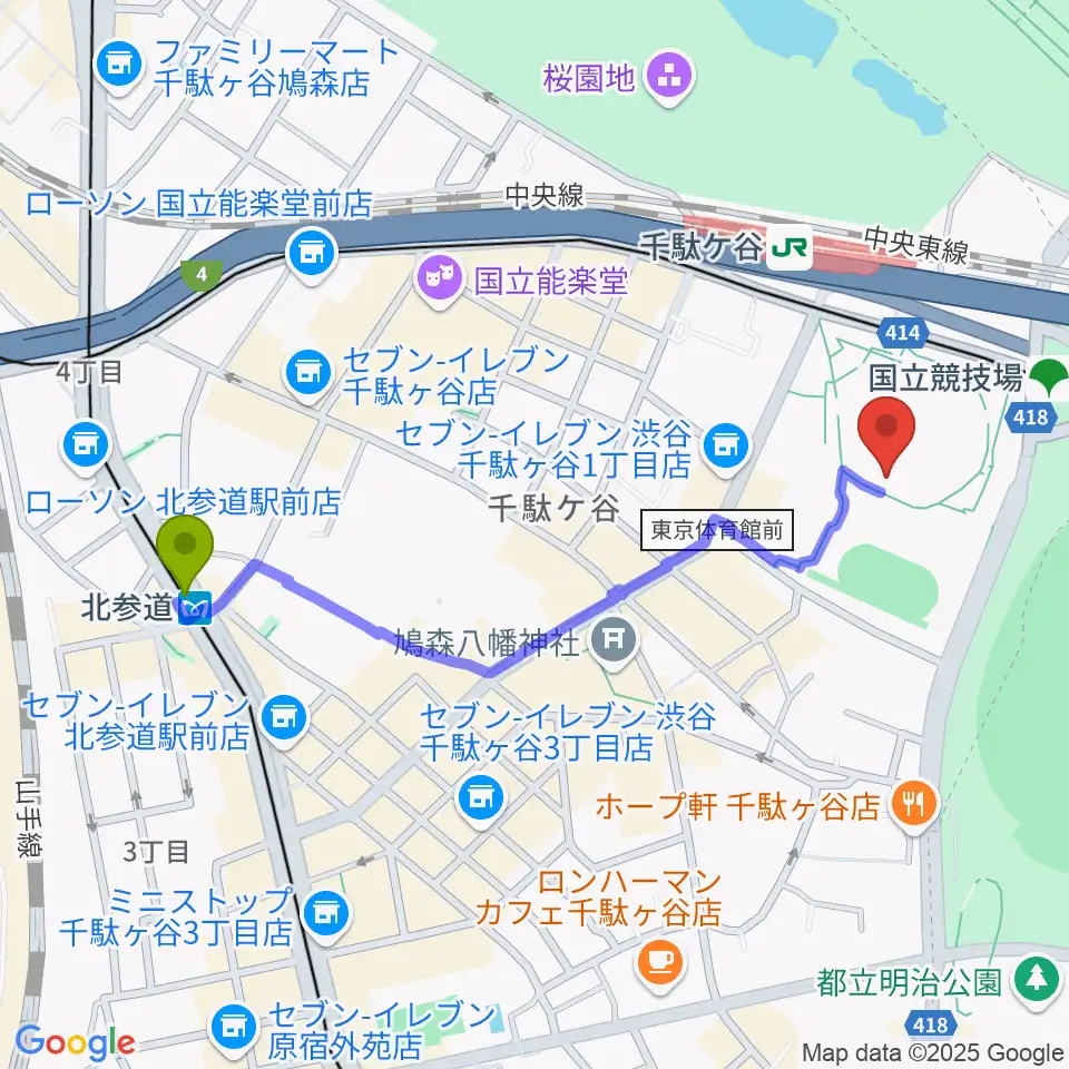 北参道駅から東京体育館へのルートマップ地図