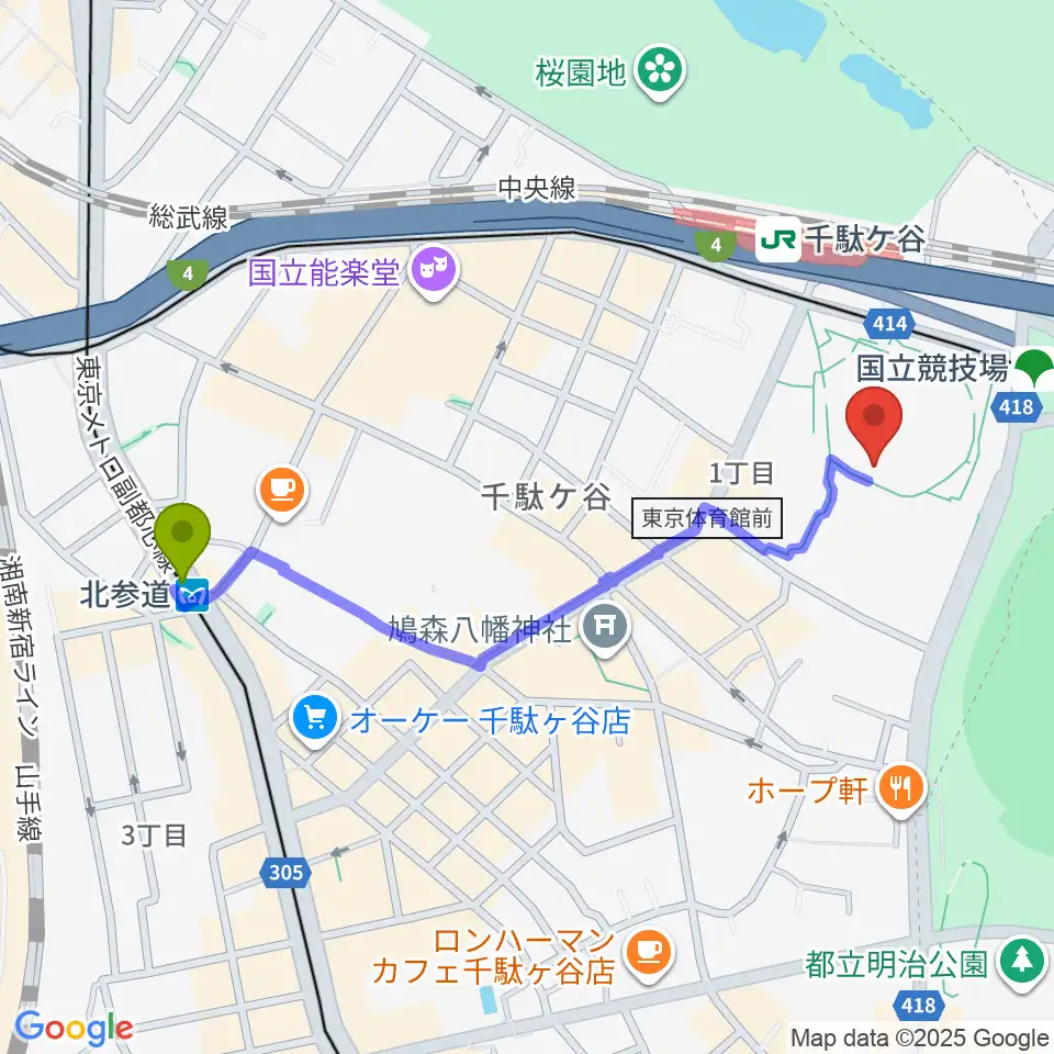北参道駅から東京体育館へのルートマップ地図