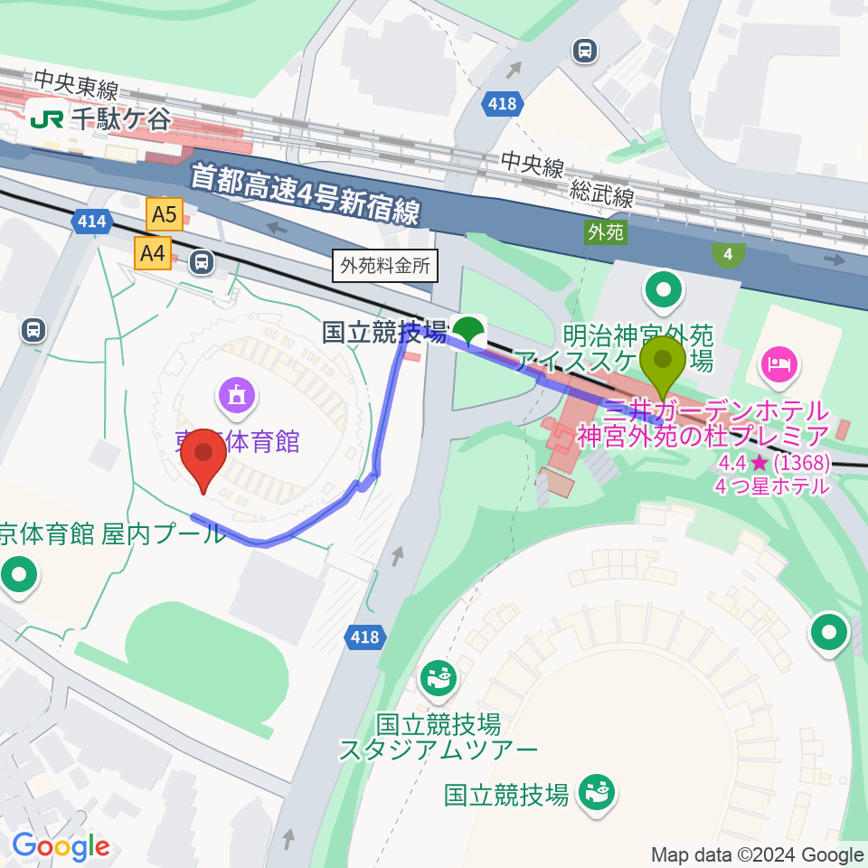 国立競技場駅から東京体育館へのルートマップ地図