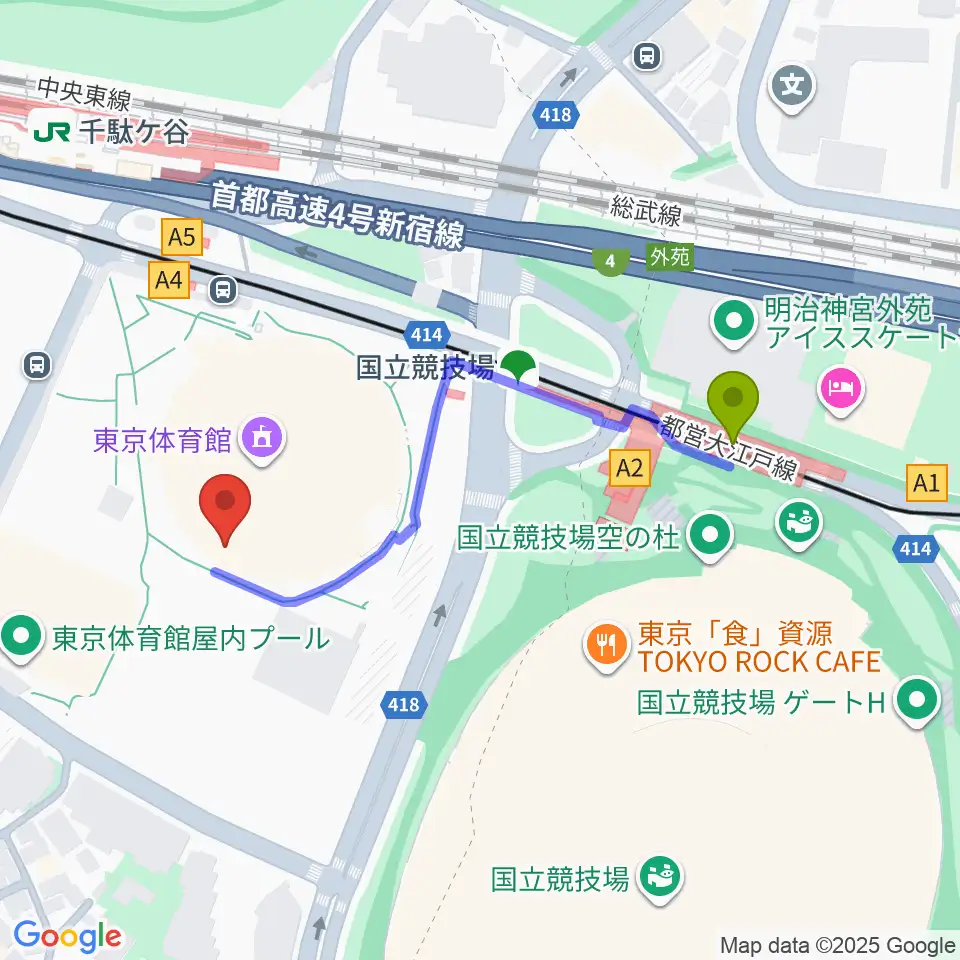 国立競技場駅から東京体育館へのルートマップ地図