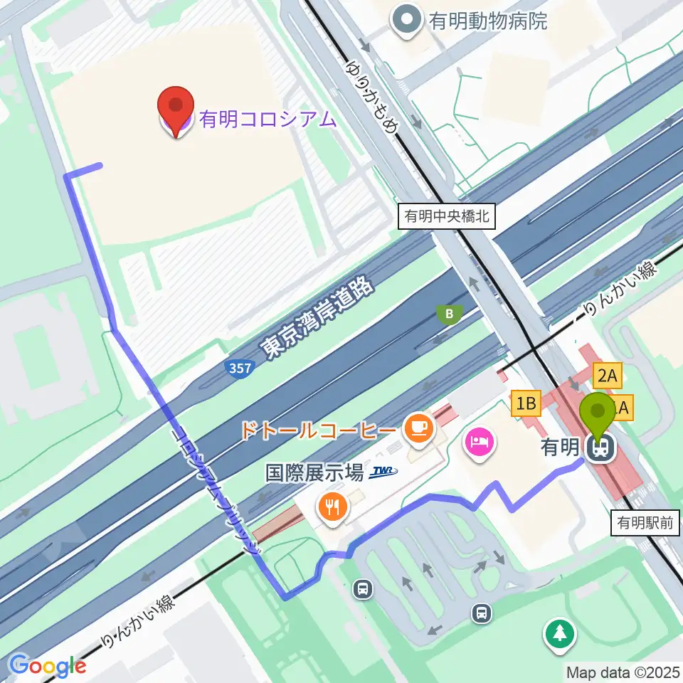 有明駅から有明コロシアムへのルートマップ地図