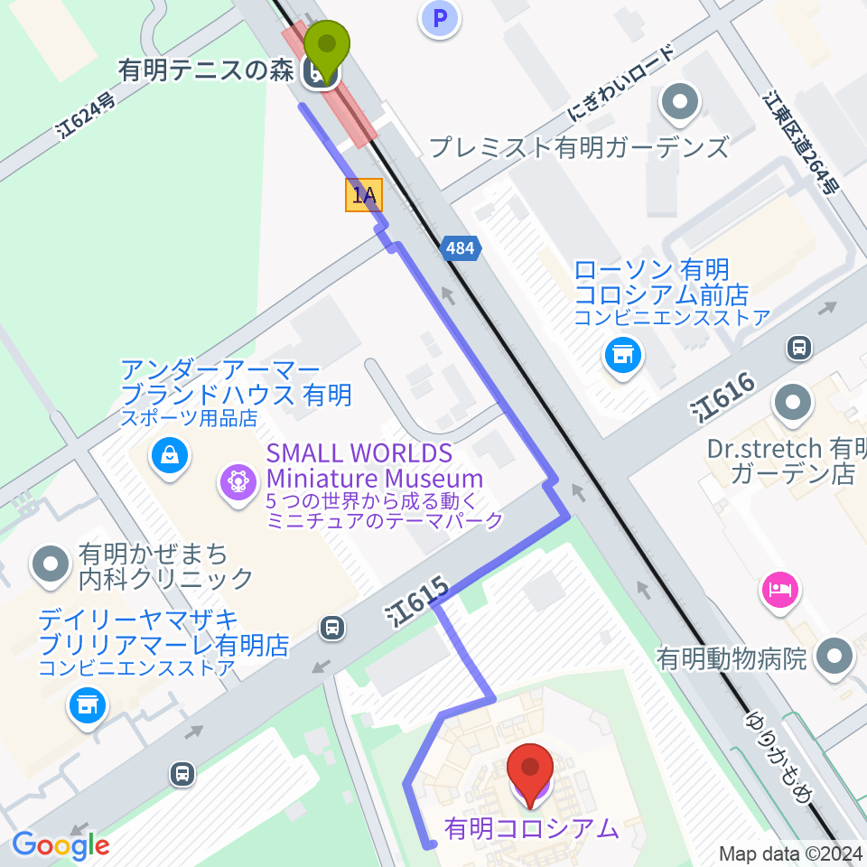 有明テニスの森駅から有明コロシアムへのルートマップ地図